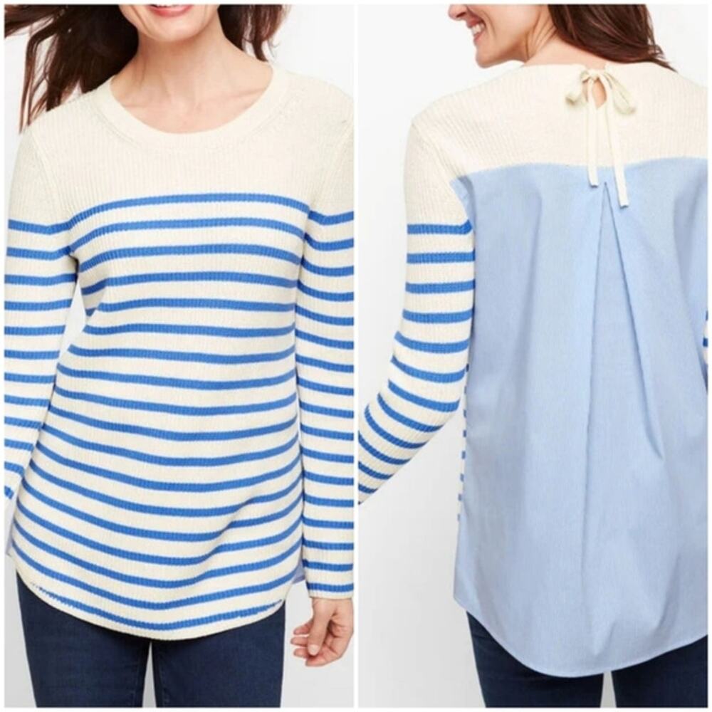 Talbots Mixed Media Sweater White Blue Stripe with Shirt Backing Small